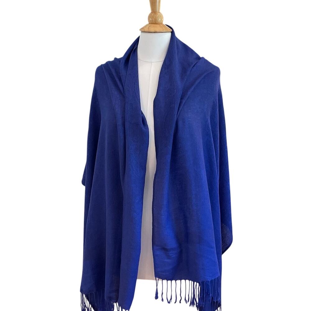 Royal Blue Paisley Silk Blend Pashmina Cashmere Wrap / Shawl, Fringe 25 by 80